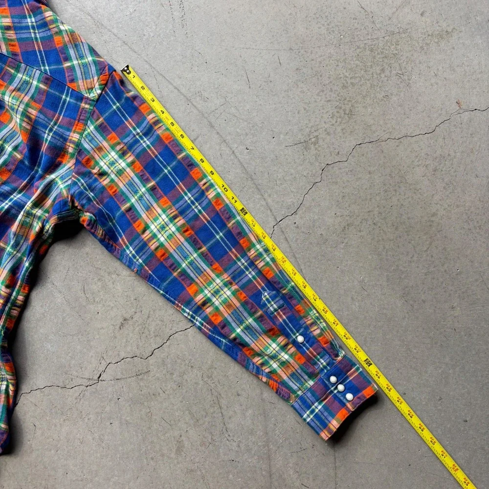 Polo Ralph Lauren Mens XL Plaid Western Pearl Snap Shirt Blue Orange Flannel